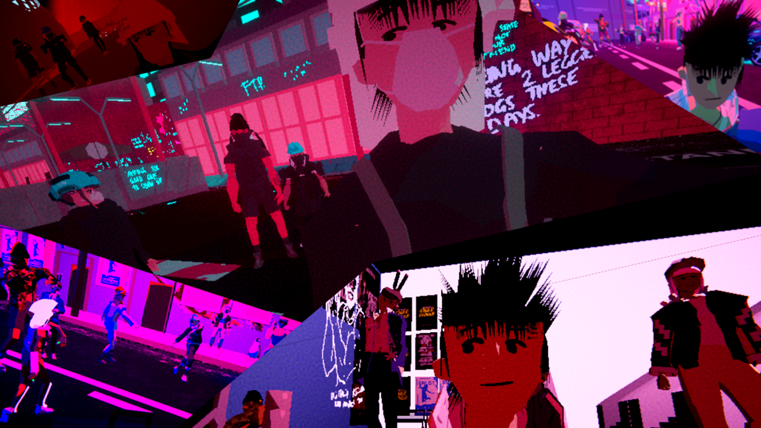 A collage of selfies of the player character with the three companions dancing, protesting, and smiling.