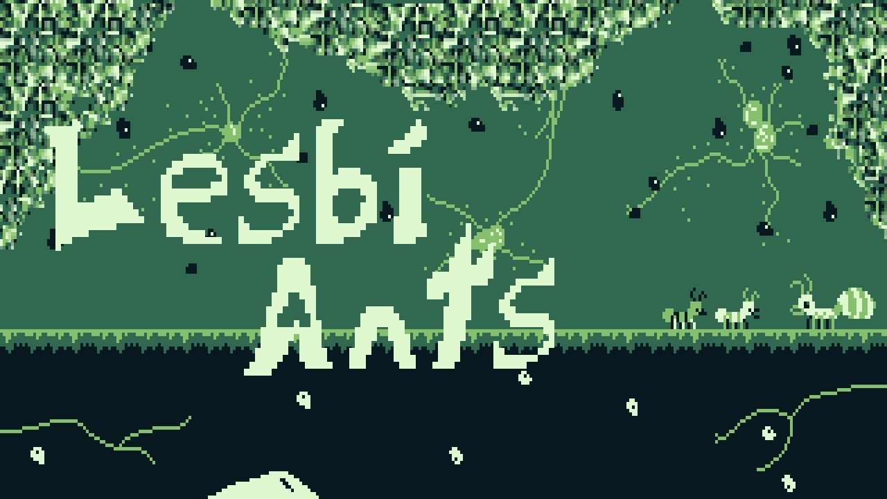 The title 'lesbi-ants' surrounded by greenery and ants
