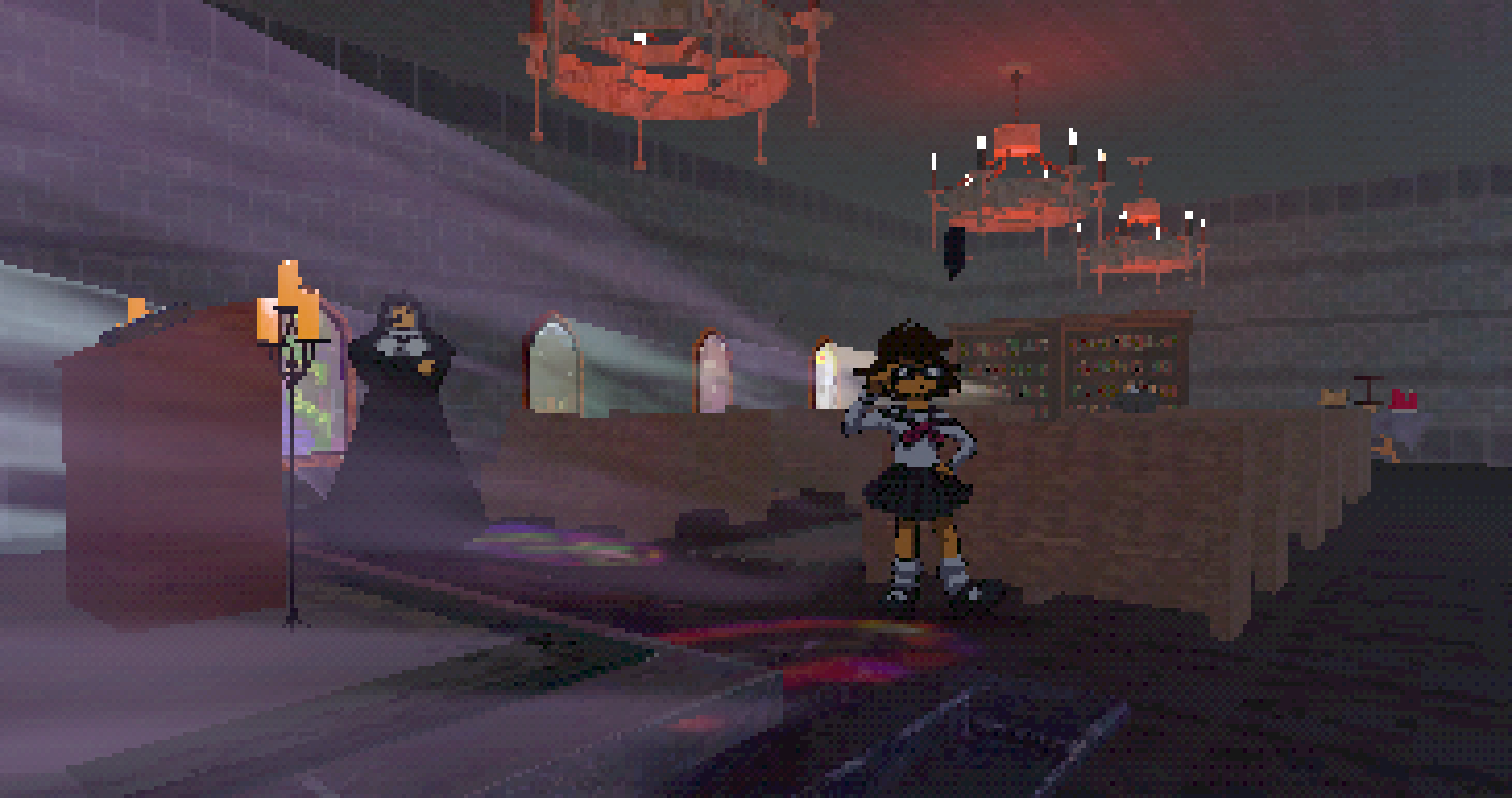 A nun and a student stand amongst dark church pews.