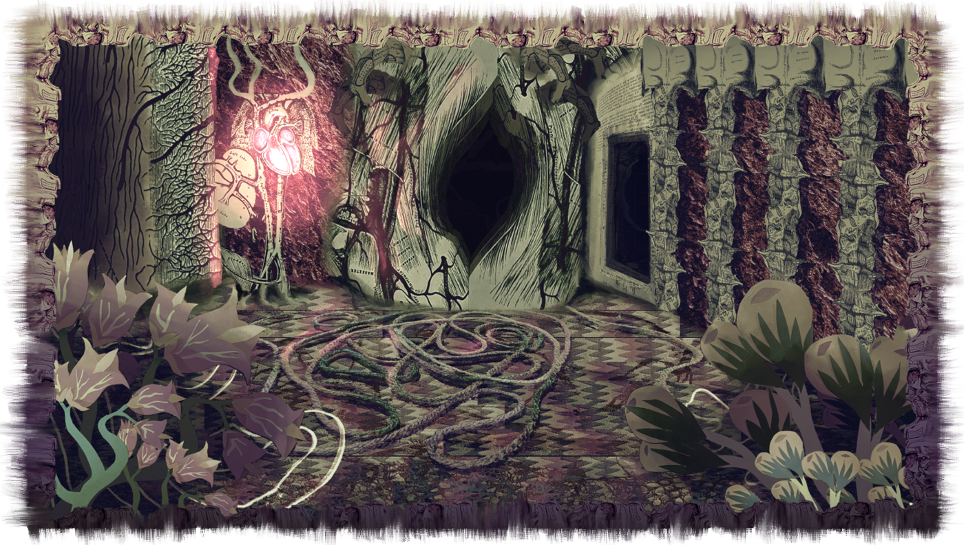 A hallway filled with flowers, trees, and stone outlined by flesh