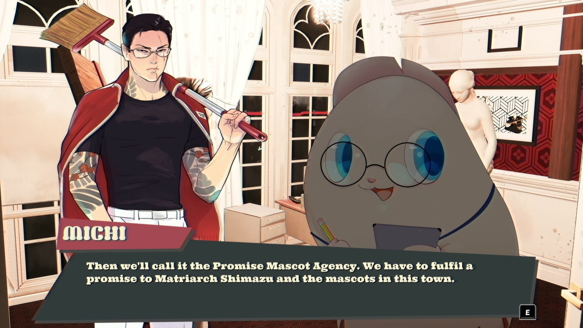 Screenshot of Promise Mascot Agency. Michi is talking to Pinky, saying "then we'll call it the Promise Mascot Agency. We have to fulfil a promise to Matriarch Shimazu and the mascots in this town.