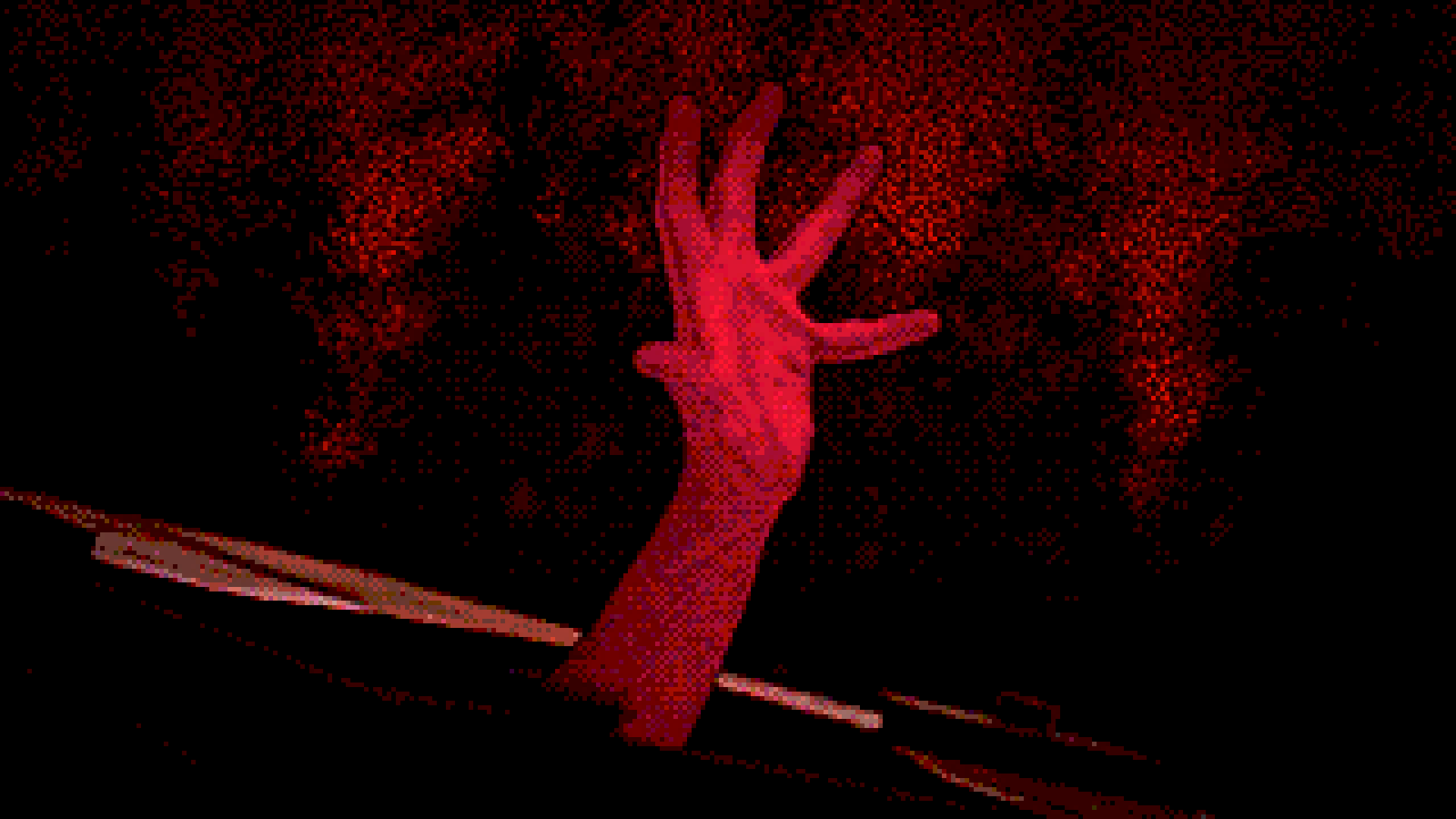 A red hand reaches out from the ground.