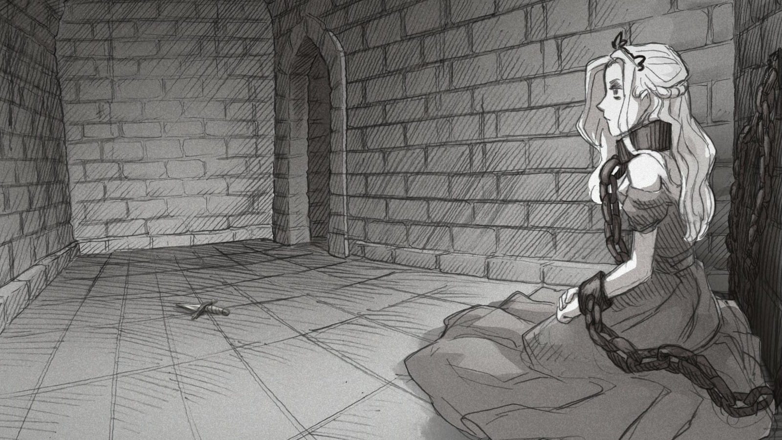 A prince waits in a stone room chained to a wall, a knife on the floor in front of her.