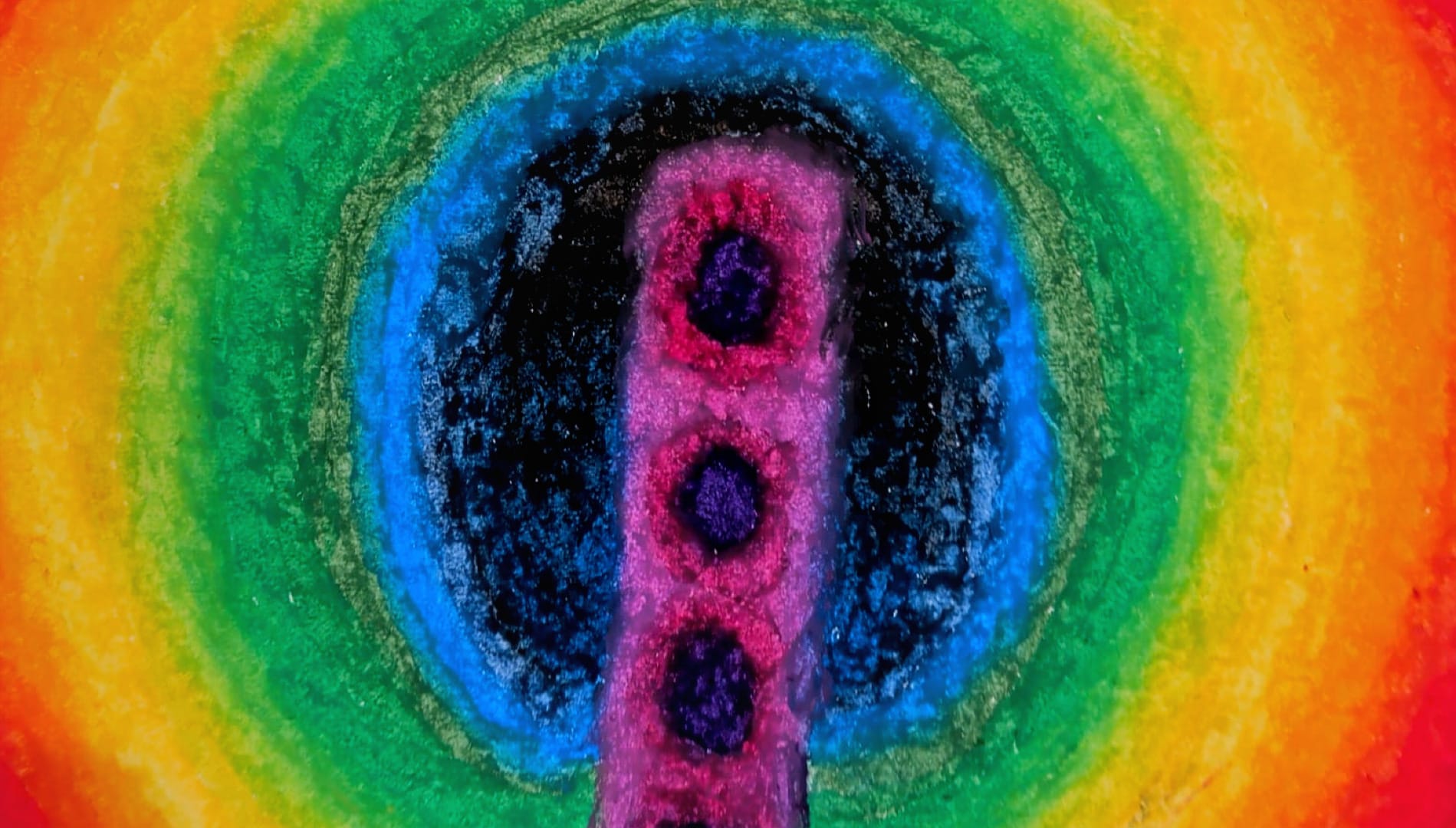 A vaguely tower-looking structure emenates color outward from its center.