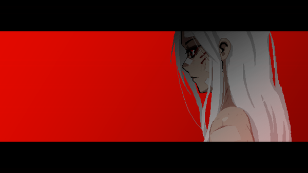 A woman with white haird, multiple cuts and bandages stares aimlessly at the ground in front of a blood-red background.