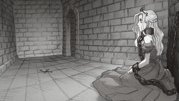 A prince waits in a stone room chained to a wall, a knife on the floor in front of her.