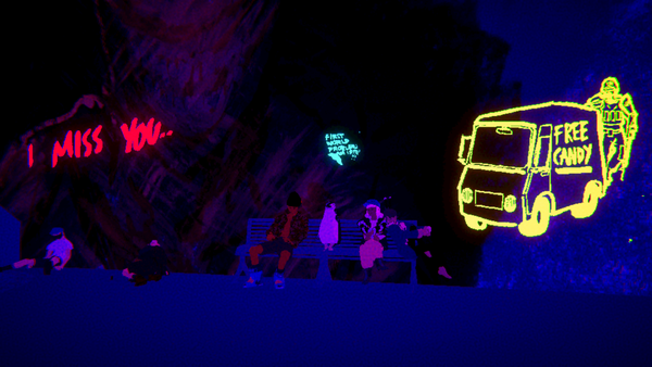 People sit against a wall outside in the dark, surrounded by graffiti saying 'I miss you' and jokingly offerring free candy.