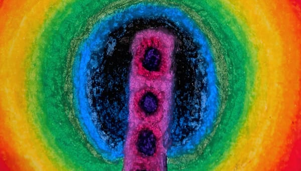 A vaguely tower-looking structure emenates color outward from its center.